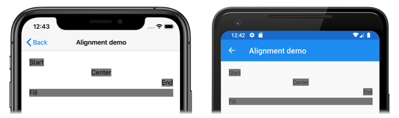 StackLayout dengan opsi perataan Cuplikan layar StackLayout dengan set opsi perataan