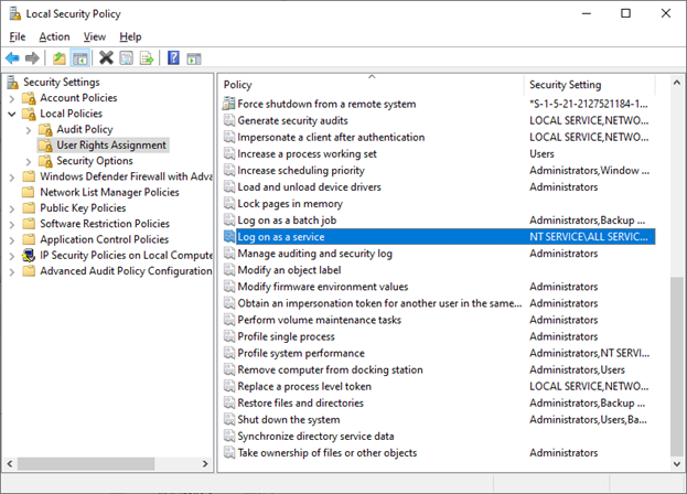 Screenshot of Local Security Policy - User Rights Assignment