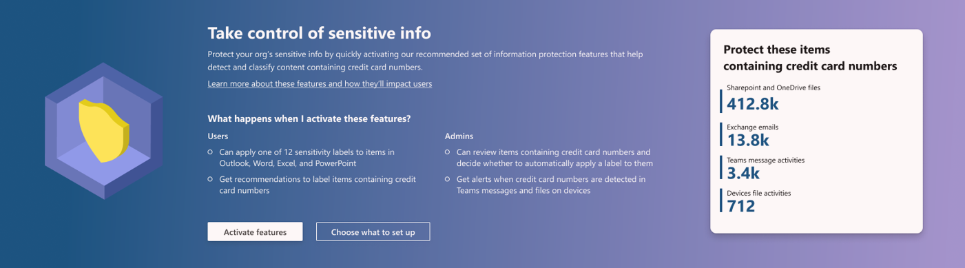 Microsoft Purview Information Protection activation for preconfigured labels and policies.