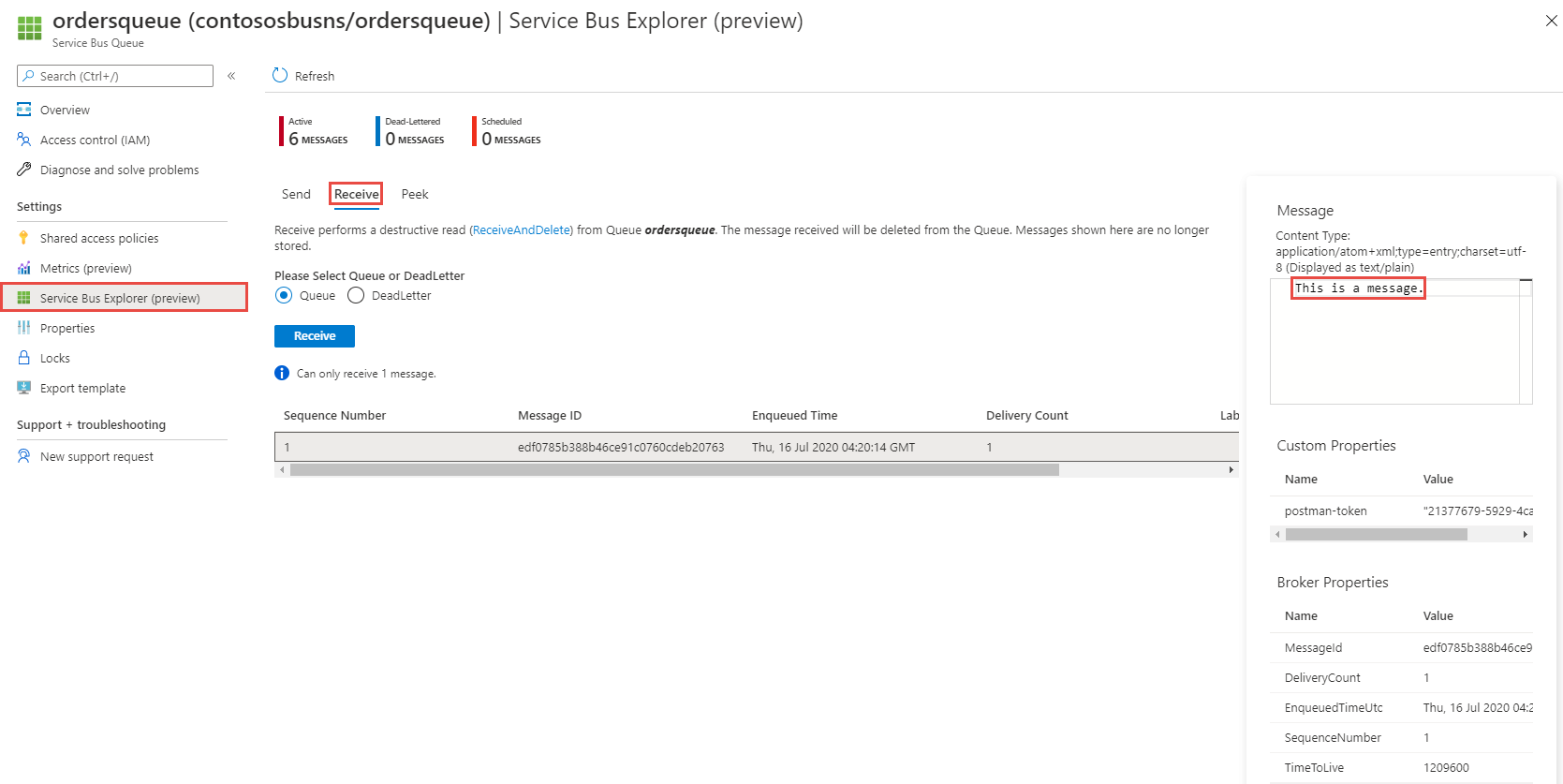 Menerima pesan menggunakan Service Bus Explorer