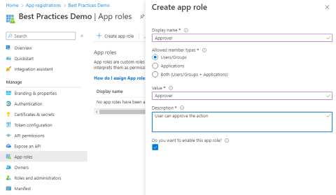 Cuplikan layar Buat peran aplikasi memperlihatkan Jenis anggota yang diizinkan: Pengguna/Grup.