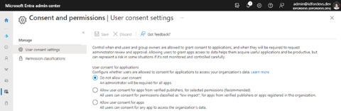 Cuplikan layar pusat admin Microsoft Entra 'Pengaturan persetujuan pengguna' yang mengonfigurasi persetujuan bagi aplikasi untuk mengakses data organisasi.