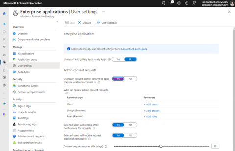 Cuplikan layar 'Pengaturan pengguna' pusat admin Microsoft Entra yang mengonfigurasi 'Permintaan persetujuan admin.'