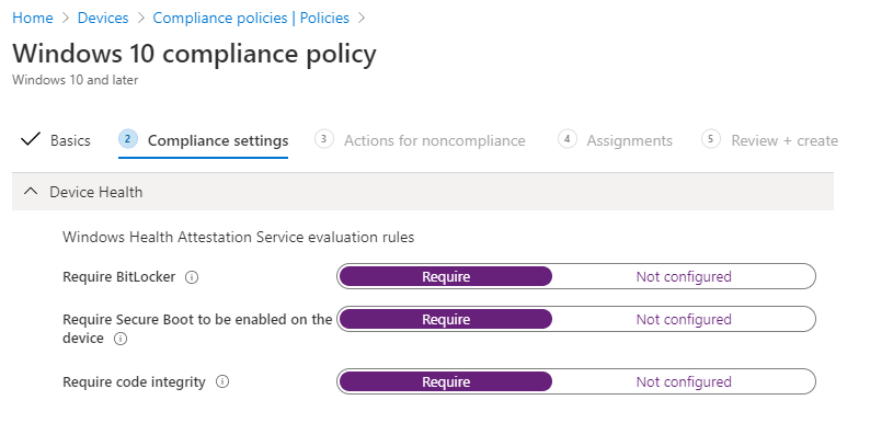 Cuplikan layar pengaturan kebijakan kepatuhan Device Health di Windows 10.