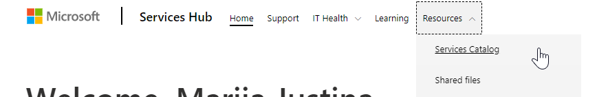 Memilih katalog Layanan dari Sumber Daya di Navigasi Utama Services Hub