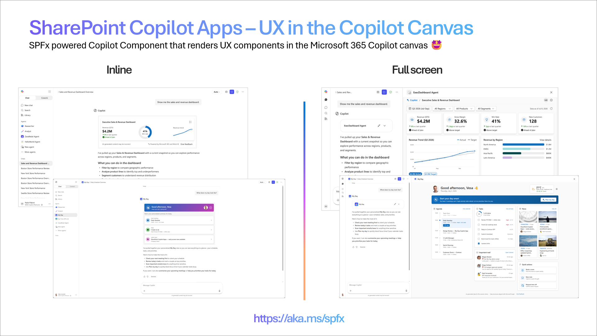 Copilot Apps sample scenarios - side by side on display modes