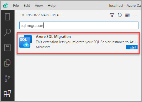 Cuplikan layar memperlihatkan ekstensi migrasi Azure SQL dari Marketplace Azure.