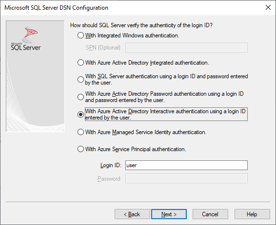 Layar pembuatan dan pengeditan DSN dengan autentikasi Microsoft Entra Interactive dipilih.