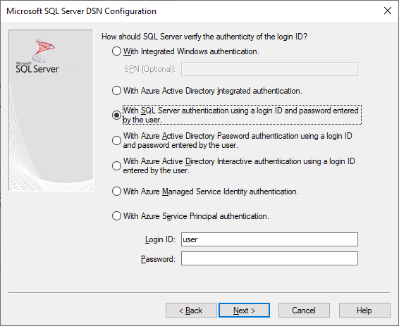 Layar pembuatan dan pengeditan DSN dengan autentikasi SQL Server dipilih.