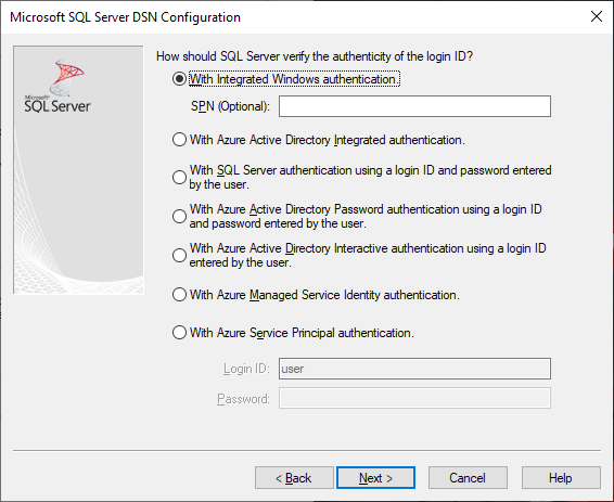 Layar pembuatan dan pengeditan DSN dengan autentikasi Windows Terintegrasi dipilih.
