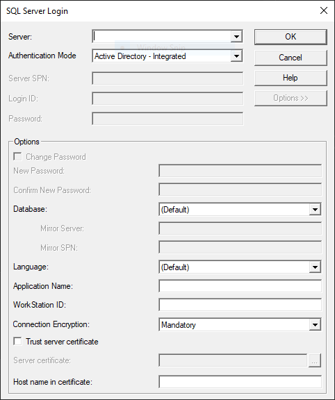 Cuplikan layar Kotak Dialog Masuk SQL Server