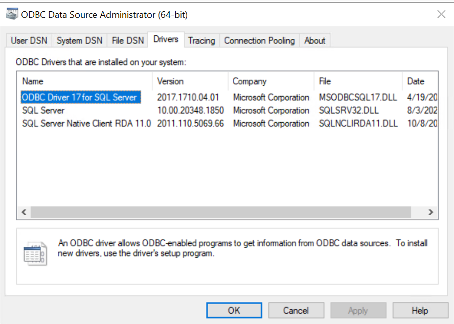 Pengandar ODBC 64-bit terinstal