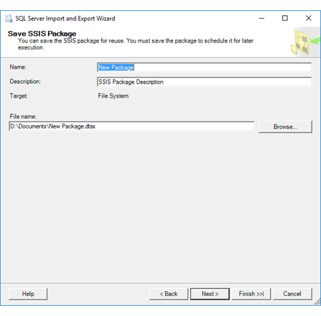 Cuplikan layar memperlihatkan halaman Simpan Paket SSIS dari Wizard Impor dan Ekspor jika Anda memilih opsi Sistem file pada halaman Simpan dan Jalankan Paket.