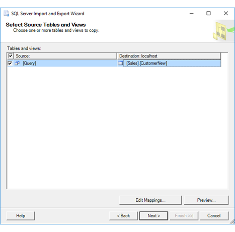 Cuplikan layar memperlihatkan halaman Pilih tabel wizard Impor dan Ekspor jika Anda memberikan kueri.