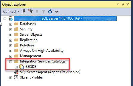 Menemukan database SSISDB di Object Explorer di SSMS