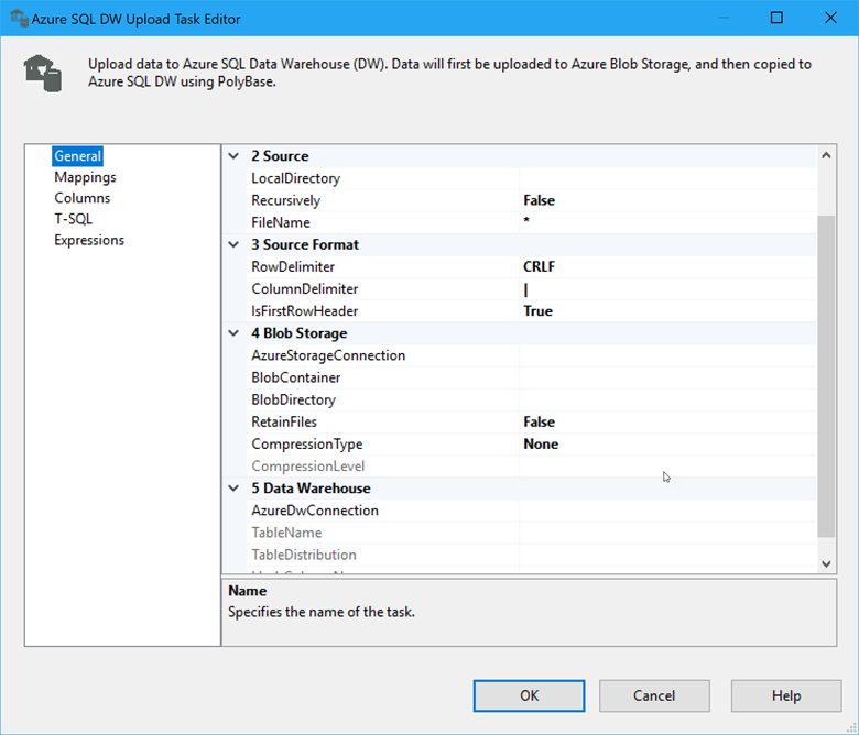 Halaman umum editor Tugas Unggah SQL DW