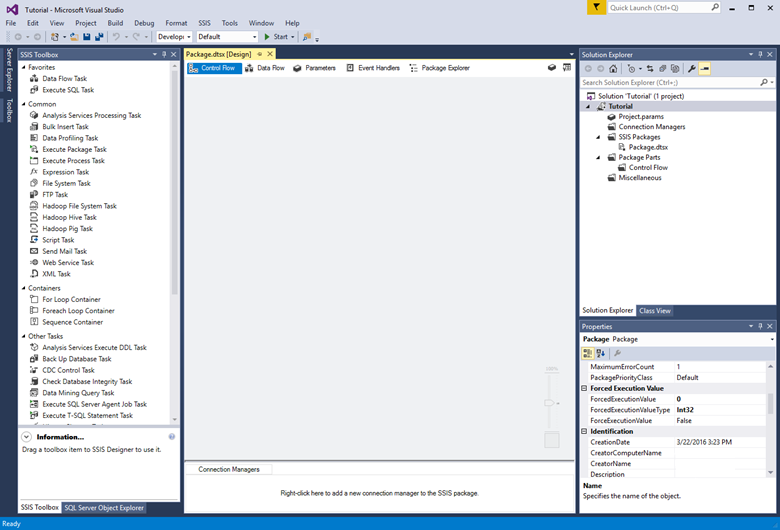 Cuplikan layar Visual Studio memperlihatkan panel Kotak Alat, panel desain, panel Penjelajah Solusi, dan panel Properti.