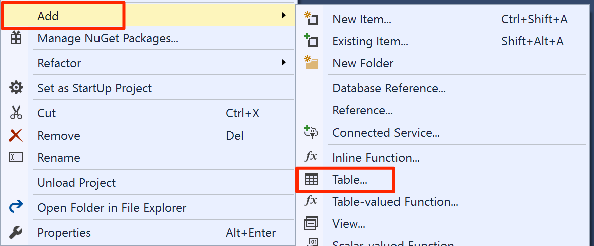 Cuplikan layar memperlihatkan cara membuat tabel baru menggunakan Tambahkan > Tabel.