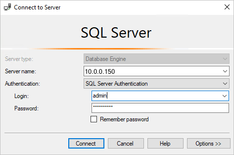 Cuplikan layar SQL Server Management Studio: Sambungkan ke server SQL Database.