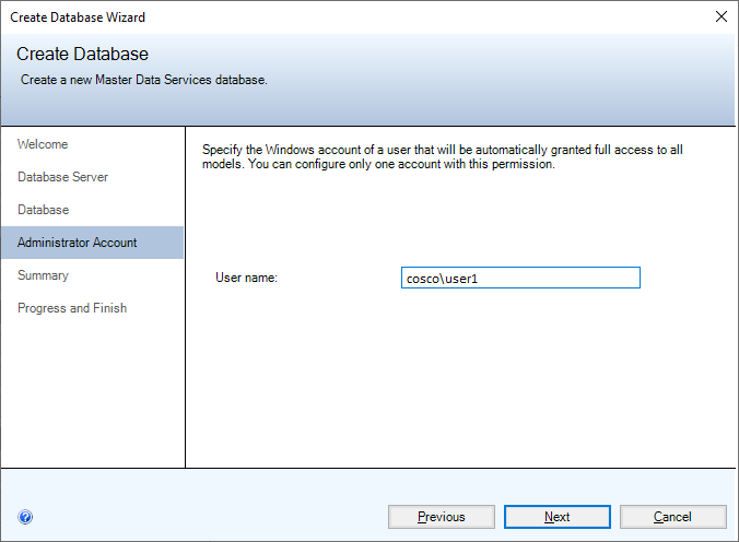 Tangkapan layar halaman Akun Administrator dari Wizard Pembuatan Database.