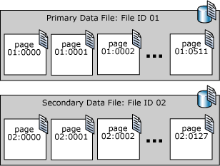 Diagram yang menjelaskan halaman file data dalam file data primer dan sekunder.