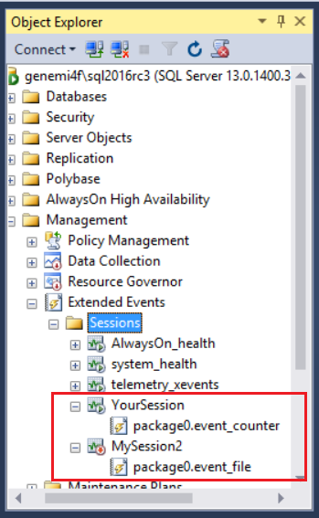 Cuplikan layar Node untuk *sesi peristiwa baru Anda* bernama YourSession, di Object Explorer, di bawah Manajemen > Sesi Peristiwa > yang Diperluas.