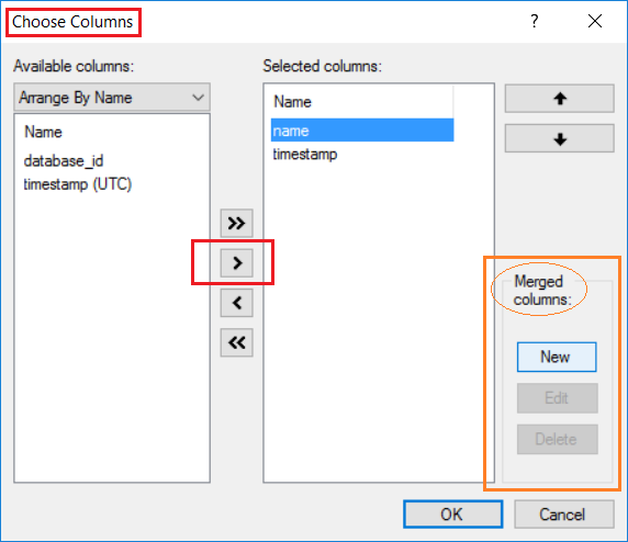 Cuplikan layar memperlihatkan dialog pilih Kolom, juga menawarkan opsi Gabungkan kolom.