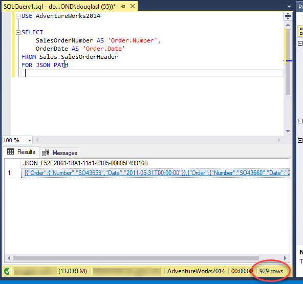 Cuplikan layar output FOR JSON di SQL Server Management Studio.