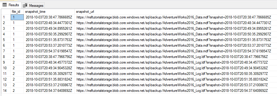 Cuplikan layar panel hasil SSMS yang memperlihatkan dua rekam jepret file dihapus.