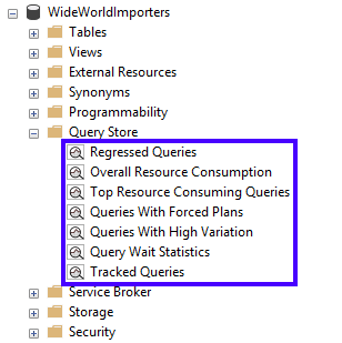 Cuplikan layar pohon pelaporan Penyimpanan Kueri di SSMS Object Explorer.