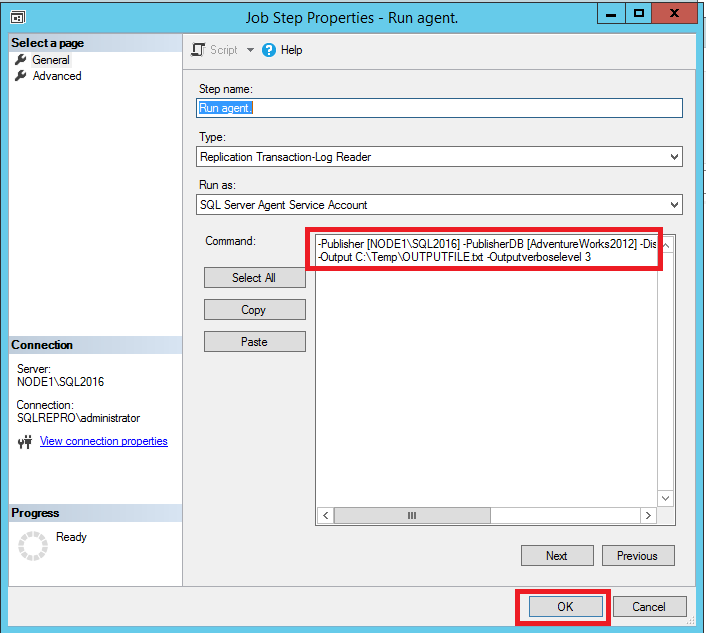 Cuplikan layar output Verbose di properti untuk langkah pekerjaan.