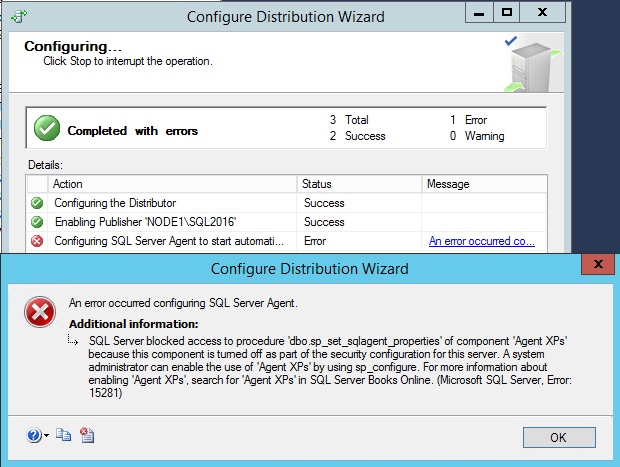 Cuplikan layar pesan kesalahan untuk mengonfigurasi SQL Server Agent.