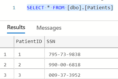 Cuplikan layar SELECT * FROM [dbo]. Kueri [Pasien] dan hasil kueri yang ditampilkan sebagai nilai teks biasa.