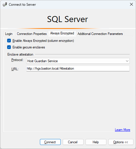 Cuplikan layar tab sambungkan ke server Always Encrypted dengan pengesahan menggunakan SSMS.