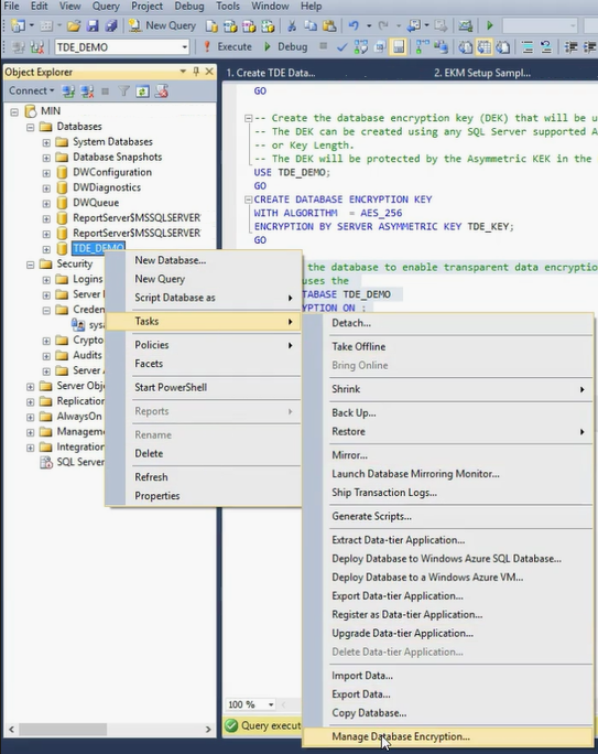 Cuplikan layar memperlihatkan Object Explorer dengan Tugas > Kelola Enkripsi Database dipilih.