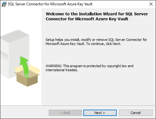 Cuplikan layar wizard penginstalan Konektor SQL Server.