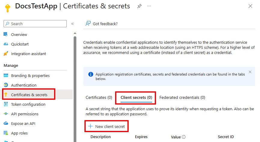 Cuplikan layar panel Sertifikat & rahasia untuk Aplikasi di portal Azure.