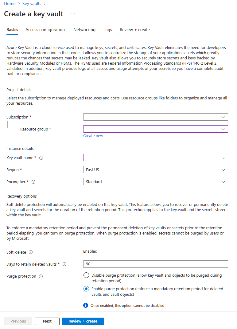 Cuplikan layar panel Buat brankas kunci di portal Azure.