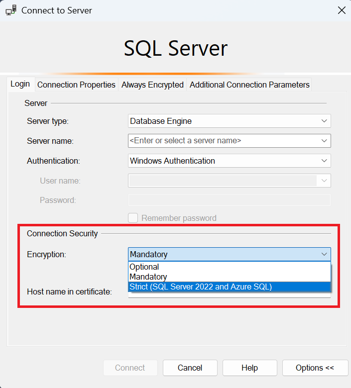 Cuplikan layar kotak dialog sambungkan ke server di SQL Server Management Studio.