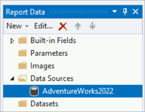 Cuplikan layar panel Data Laporan yang menyoroti sumber data AdventureWorks2022.
