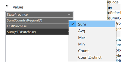 Screenshot of the Values list that shows the Sum option ready to be cleared.