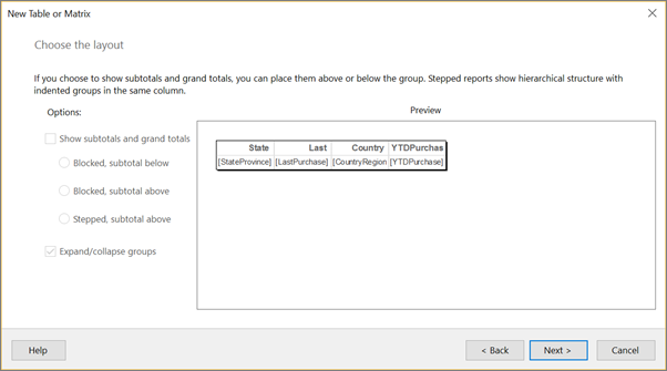 Screenshot of the Choose the layout step of the New Table or Matrix wizard.