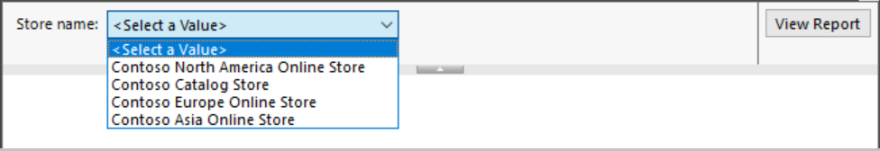 Cuplikan layar pratinjau laporan dengan perintah Nama toko yang diperbarui yang menyediakan daftar dropdown nilai untuk pembaca.