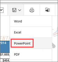 Cuplikan layar yang memperlihatkan daftar dropdown Ekspor dengan opsi PowerPoint dipanggil.
