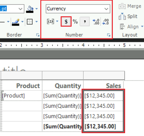 Cuplikan layar yang memperlihatkan cara mengubah format untuk sel tabel yang dipilih untuk ditampilkan sebagai mata uang.