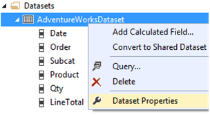 Cuplikan layar menu konteks untuk AdventureWorksDataset yang menyoroti opsi Properti Himpunan Data.