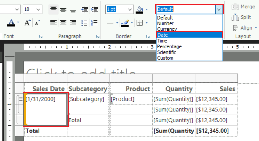 Cuplikan layar yang memperlihatkan cara mengubah format untuk sel tabel yang dipilih agar ditampilkan sebagai tanggal saja.