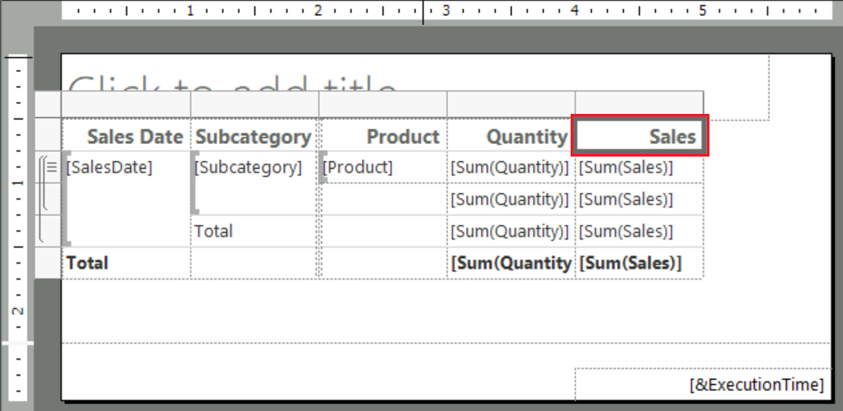 Cuplikan layar yang memperlihatkan cara memilih header kolom Penjualan di laporan tabel terbuka di Pembuat Laporan.