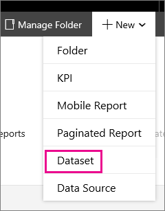 Cuplikan layar yang memperlihatkan daftar dropdown Baru dengan opsi Himpunan Data dipanggil.