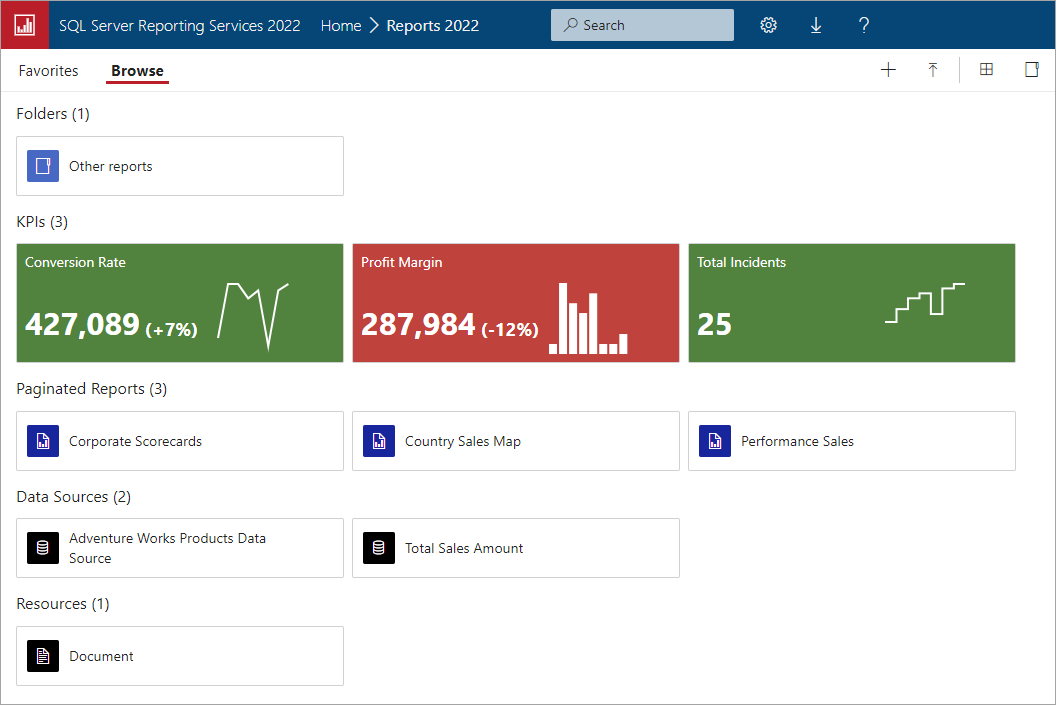 Cuplikan layar memperlihatkan portal web SQL Server Reporting Services.